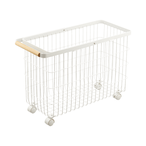Yamazaki Home Rolling Wire Basket, White, Steel + Wood, 9.2 gallons, 35L, Supports 11 pounds, Handles, Wheels, Minimal Assembly
