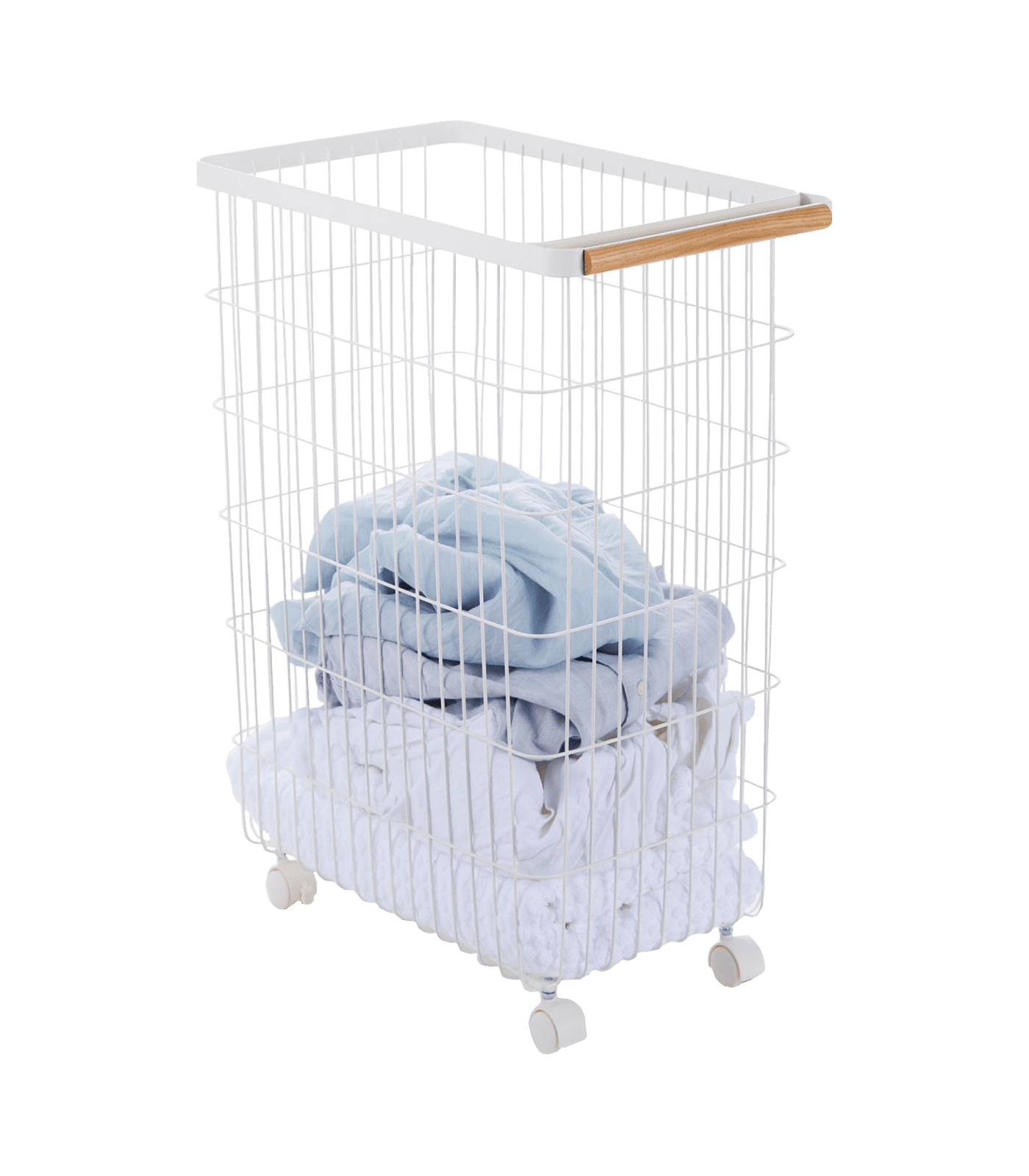 Scandinavian Minimalist Rolling Laundry Hamper in White Steel with Ash Wood Handles
