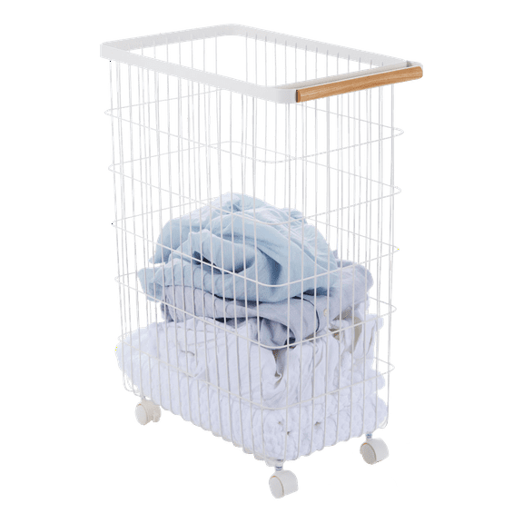 Yamazaki Home Rolling Wire Basket, Steel and Wood, 14.5 gallons, 55L, Holds 17.6 lbs