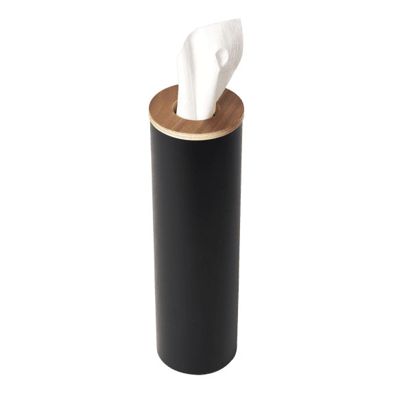 Yamazaki Home Round Tissue Case, Walnut, Steel + Wood, Small, Lid, Airtight, No Assembly