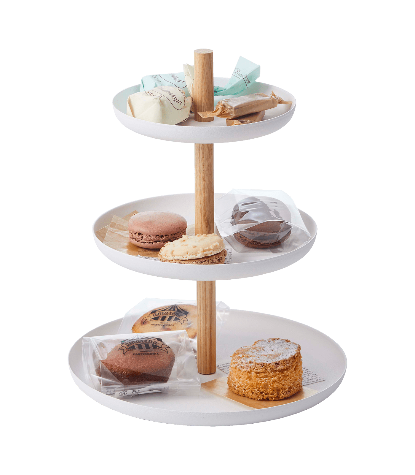 Tosca Minimalist White Steel & Warm Wood 3-Tier Serving Stand