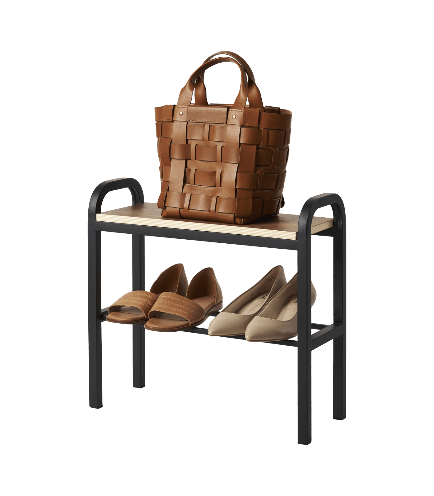 Black Metal and Wood Stackable Shoe Organizer Bench