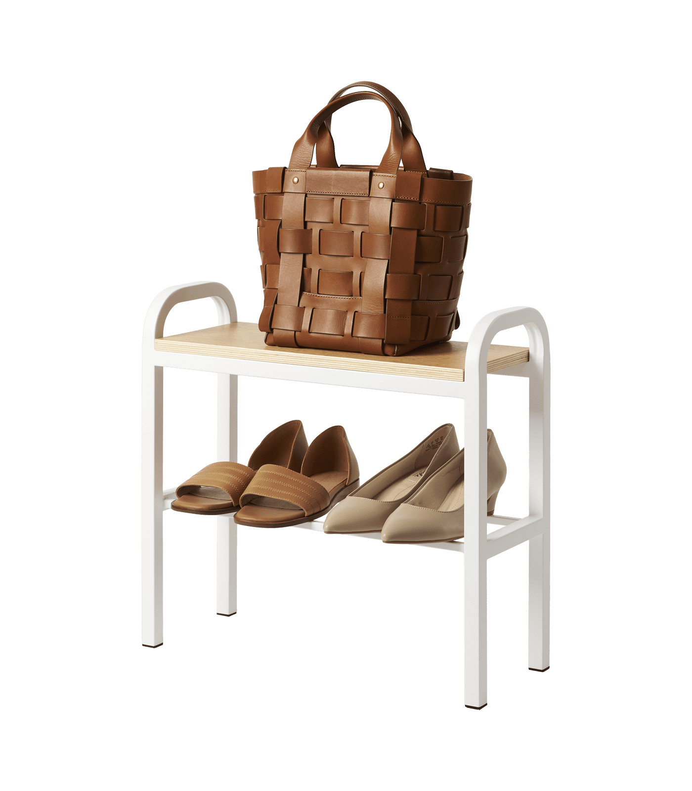 White Steel and Wood Entryway Shoe Organizer Bench with Storage
