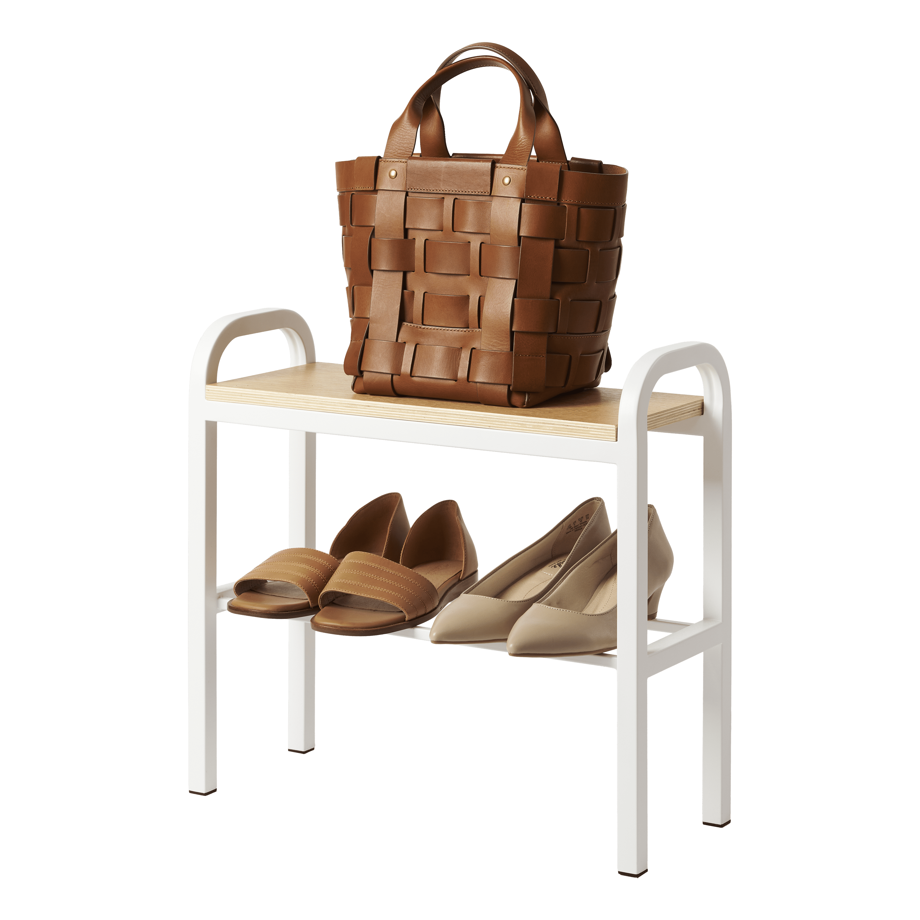 White Steel and Wood Entryway Shoe Organizer Bench with Storage