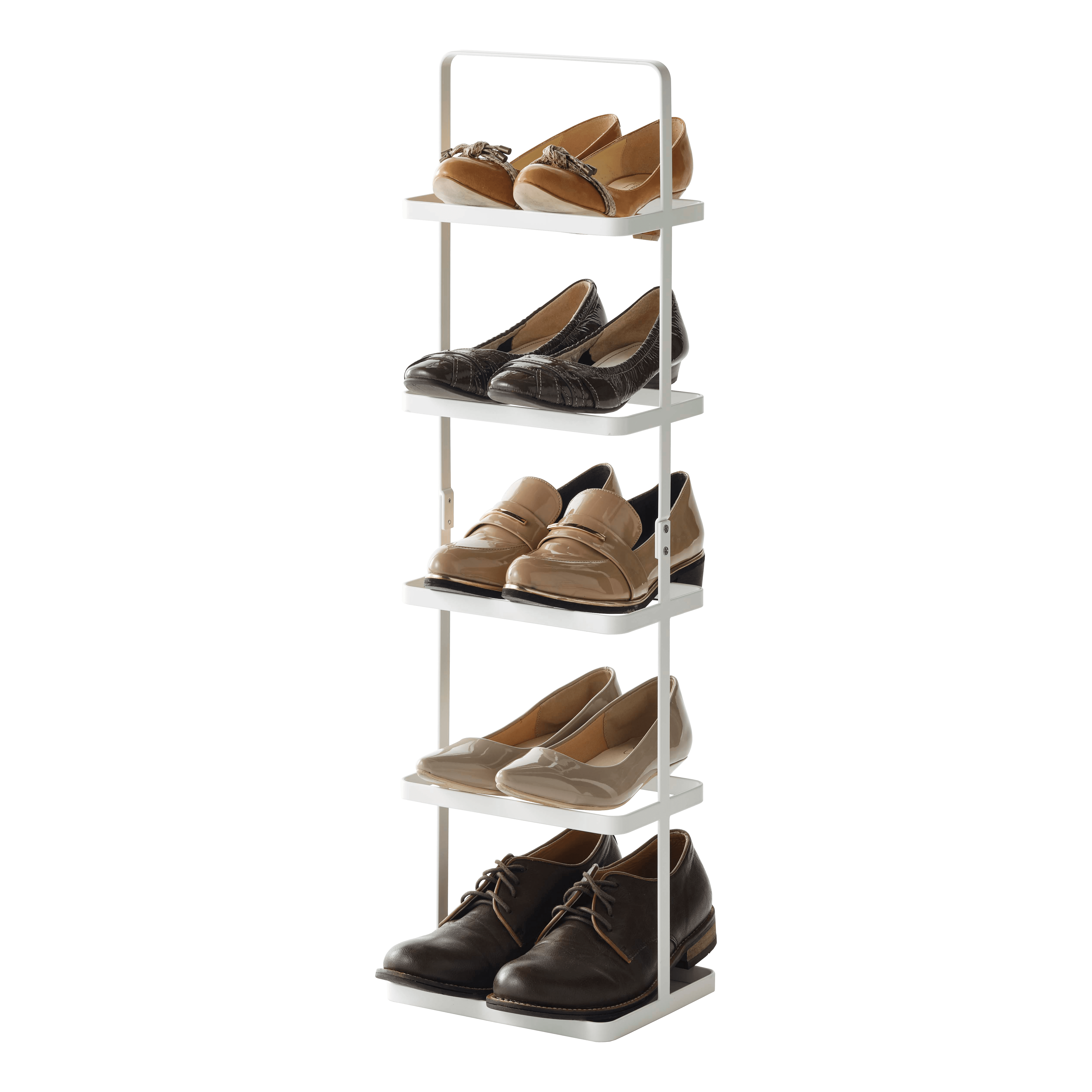 Compact White Metal Shoe Rack, Stackable, 5-Pair Capacity with Handle
