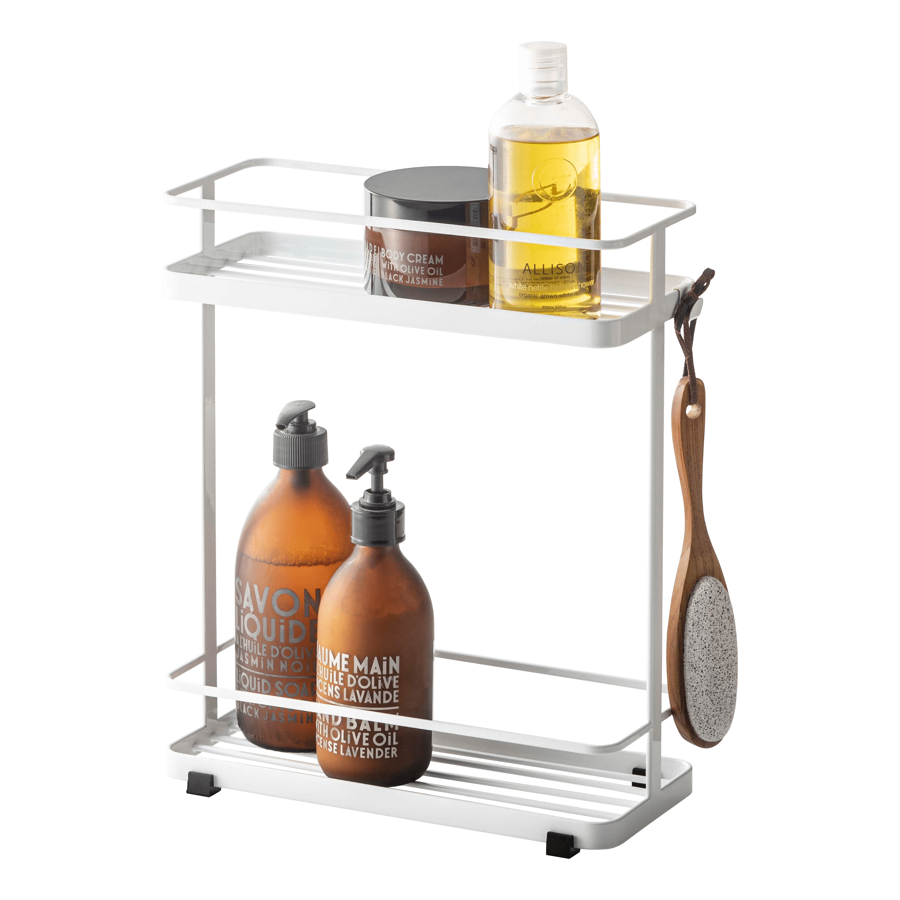 Freestanding White Metal Shower Caddy with Hooks
