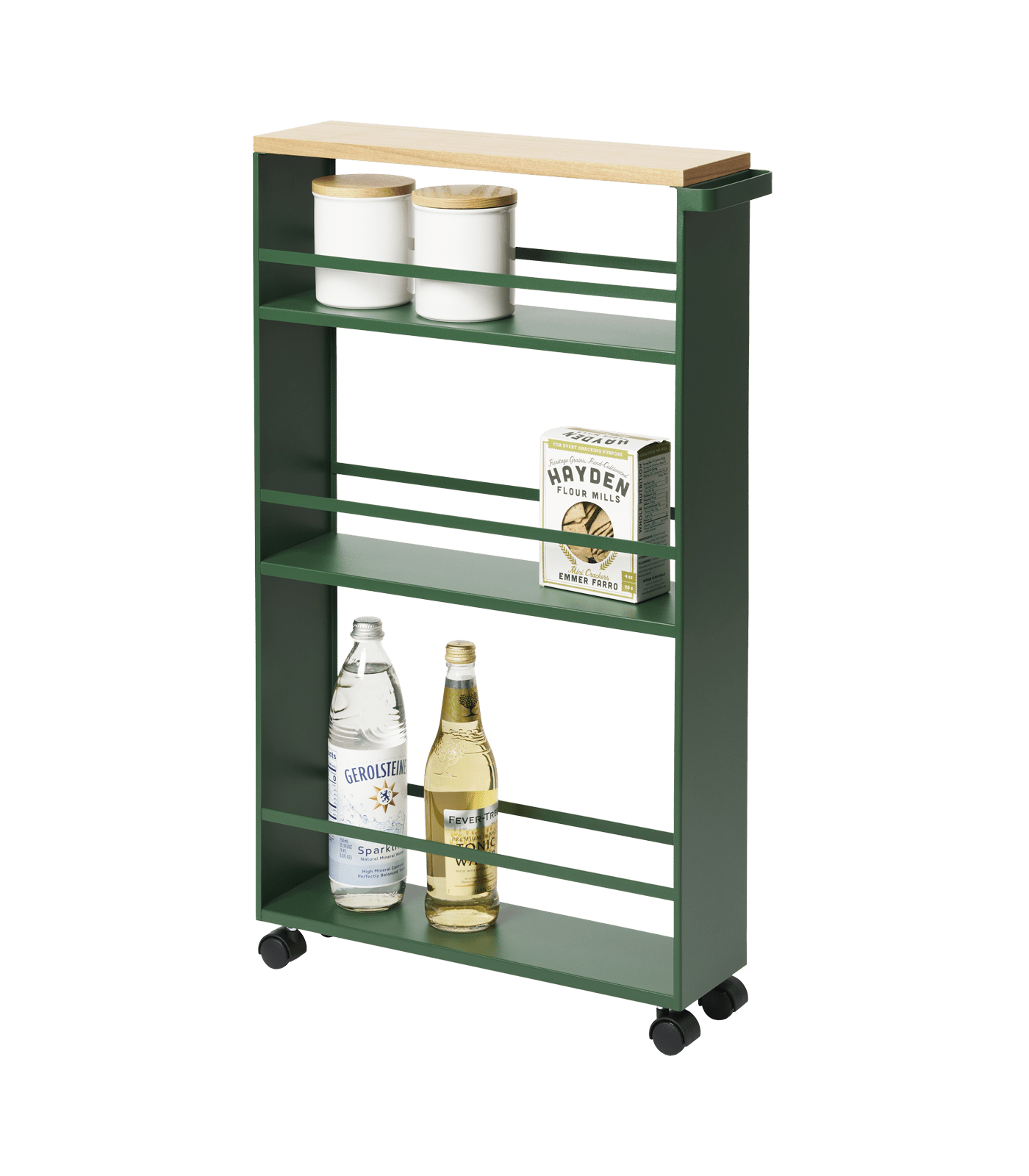 Forest Green Slim Rolling Three-Tier Storage Cart with Wooden Top