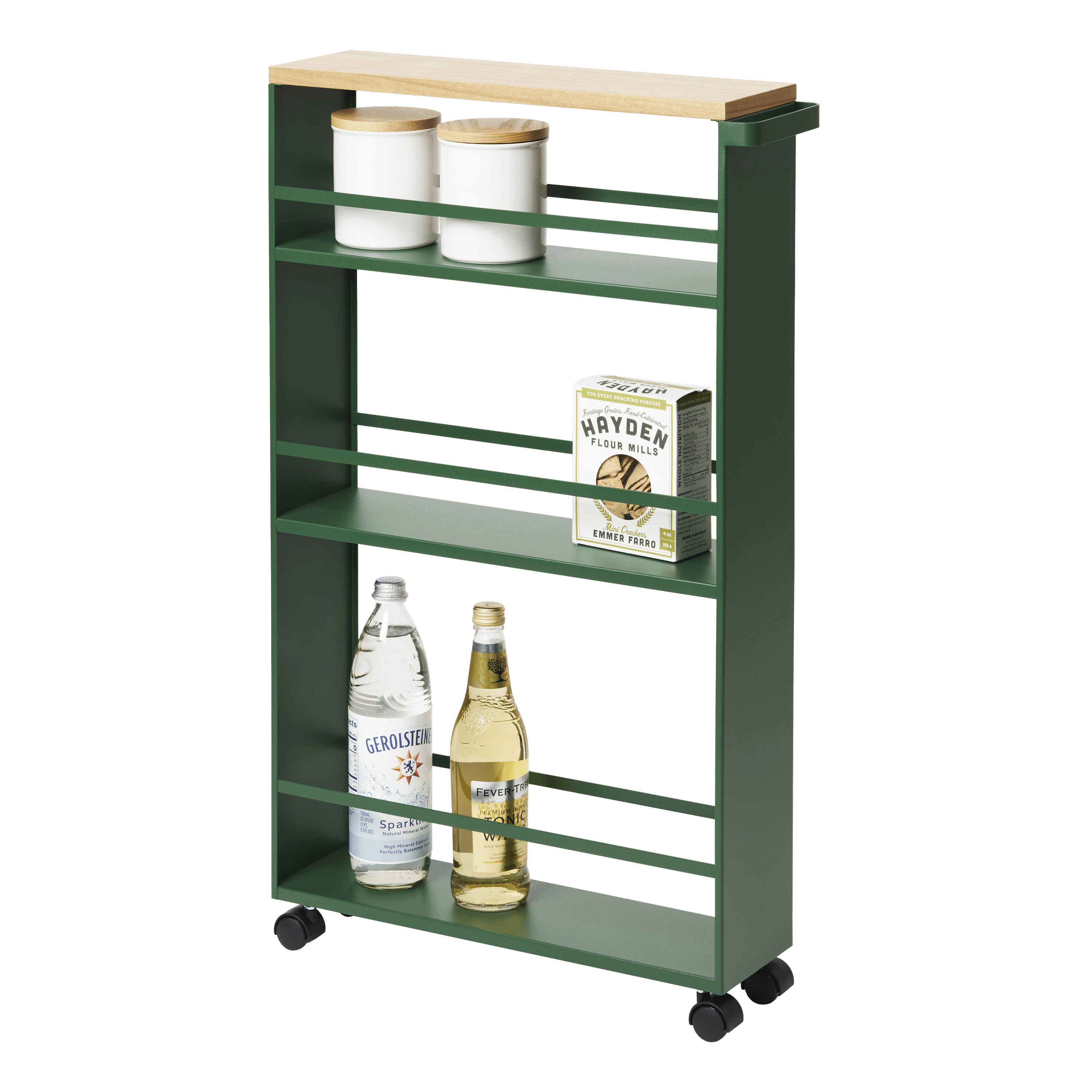 Forest Green Slim Rolling Three-Tier Storage Cart with Wooden Top