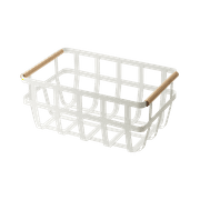 Yamazaki Home Storage Basket - Two Sizes, White, Steel + Wood, Medium, Handles, No Assembly