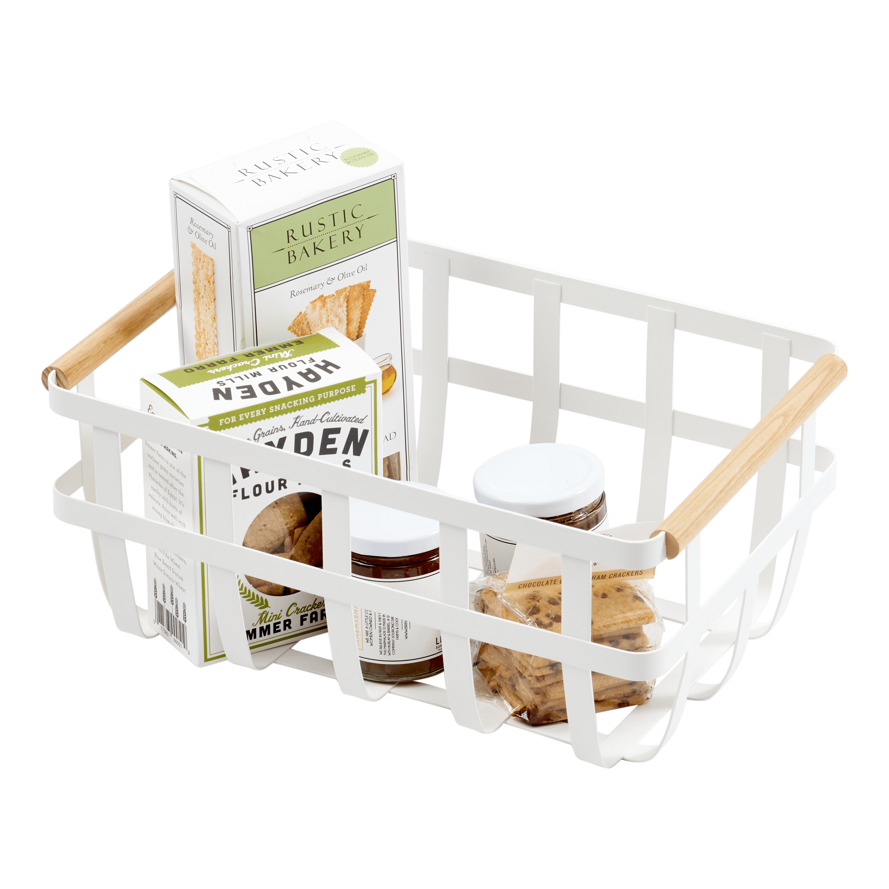 Tosca White Steel and Natural Wood Dual-Handle Storage Basket