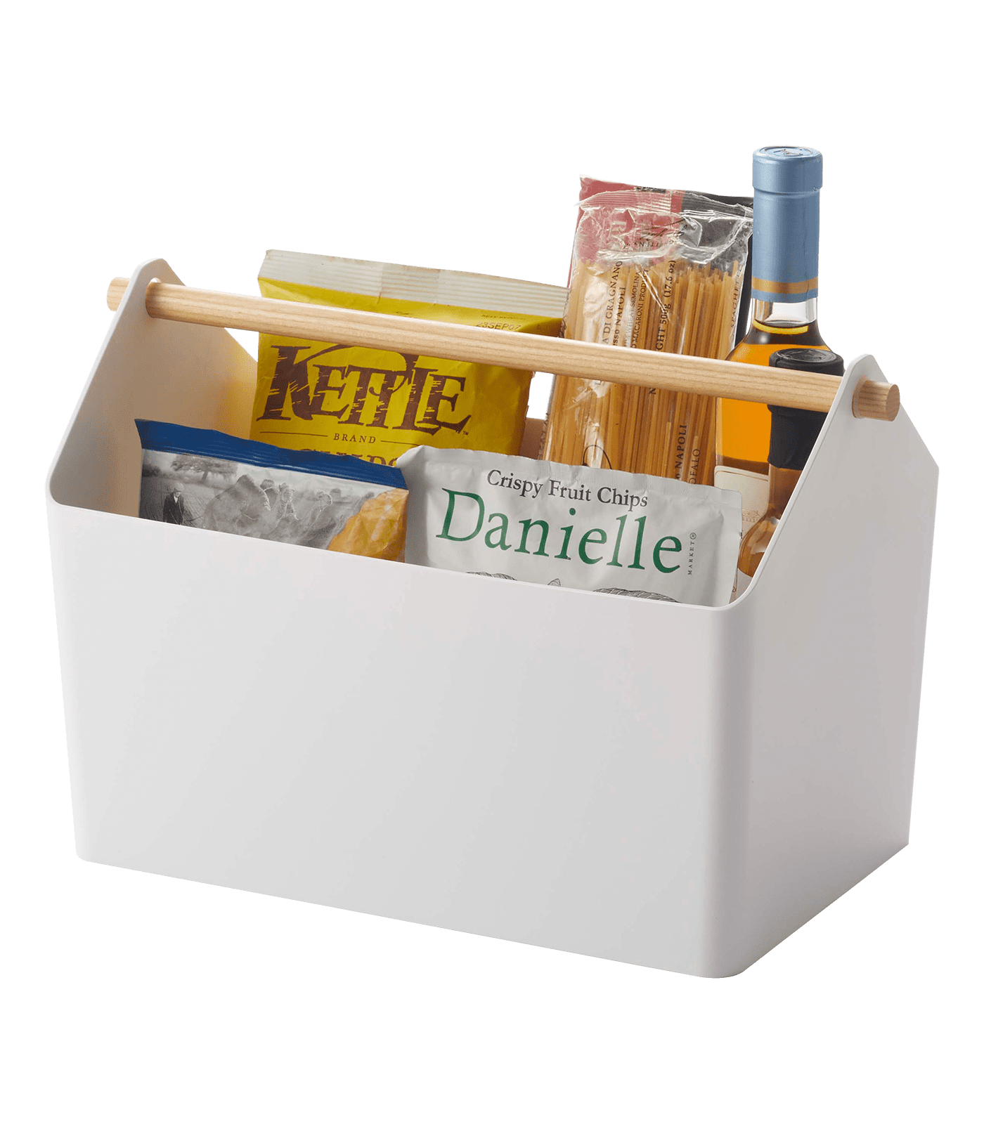 Modern White Plastic Storage Caddy with Sleek Wood Handle
