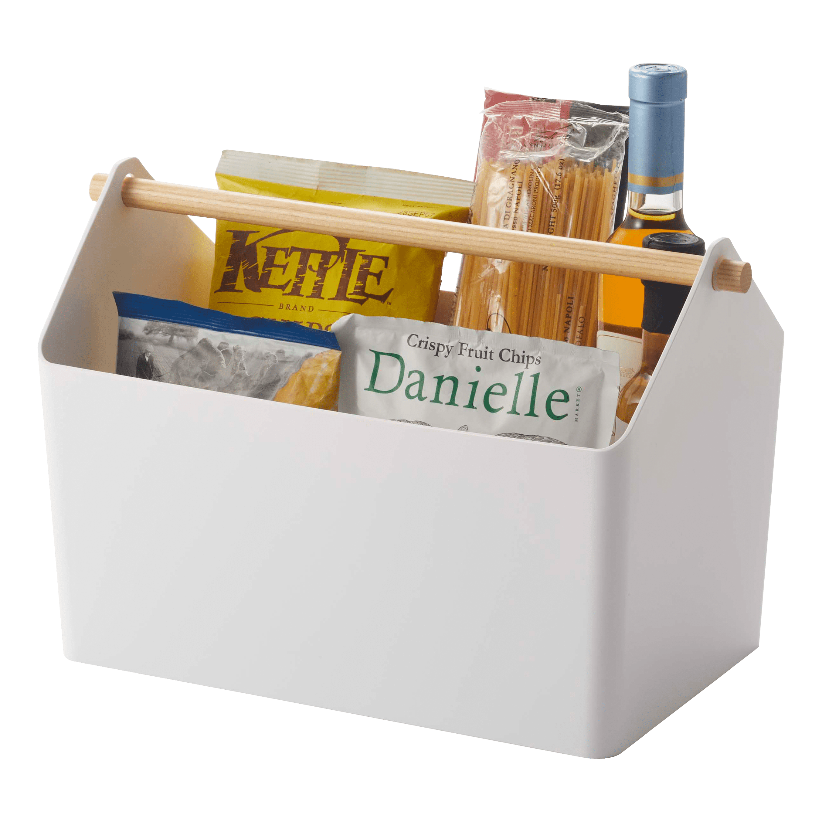 Modern White Plastic Storage Caddy with Sleek Wood Handle