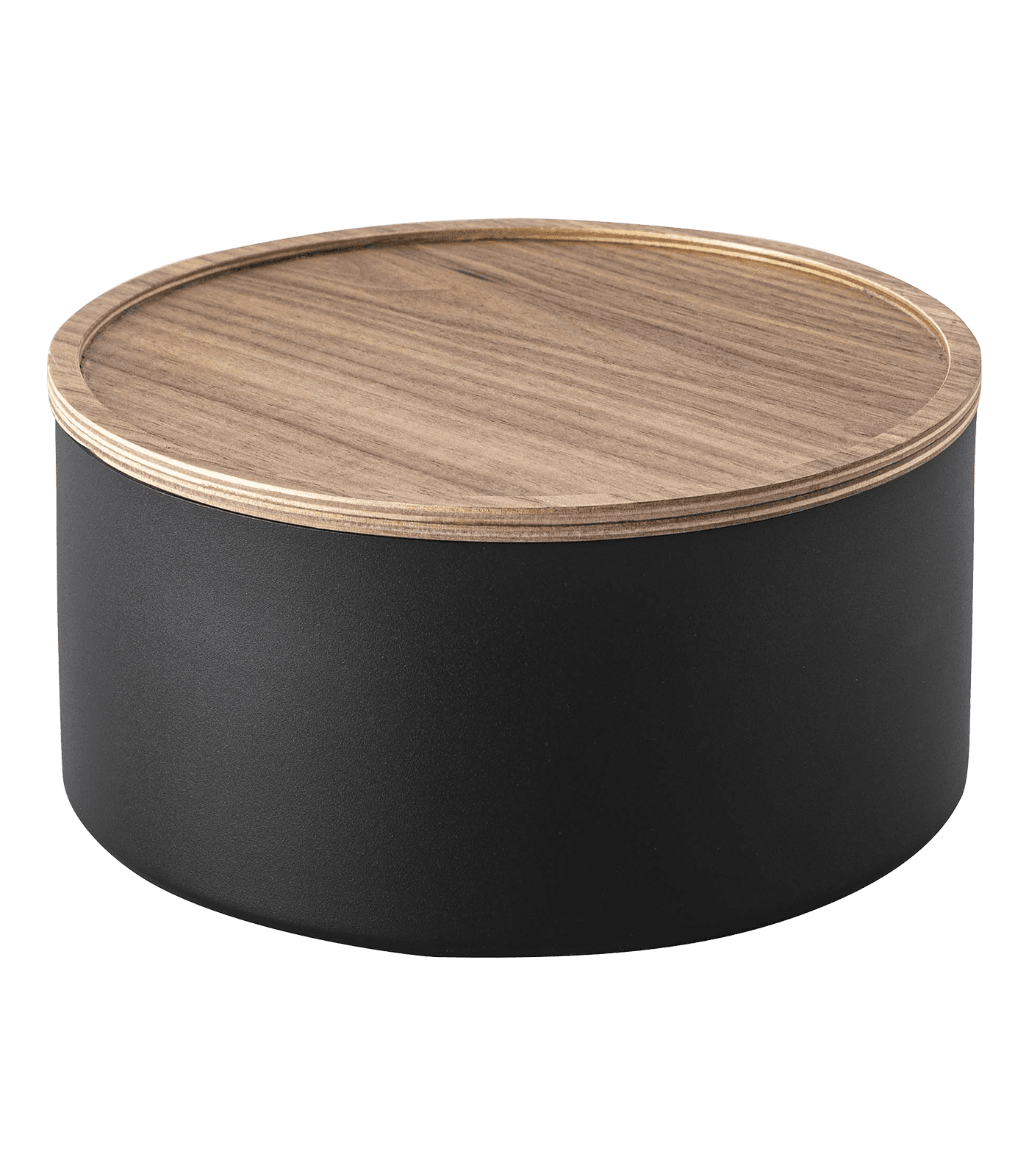 Scandinavian Black Steel Round Storage Bin with Medium Wood Lid