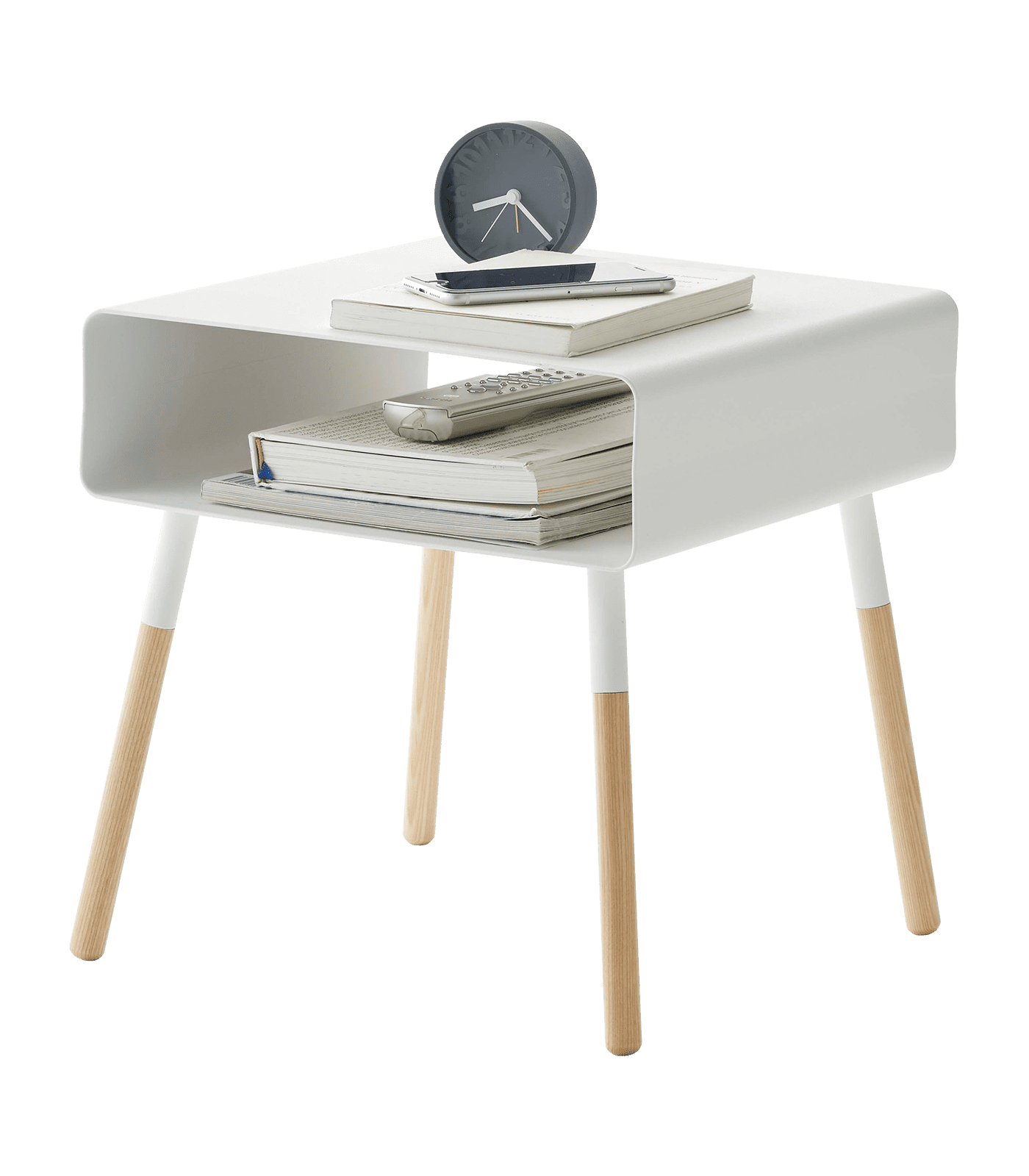 White Short Steel and Wood Side Table with Storage Shelf