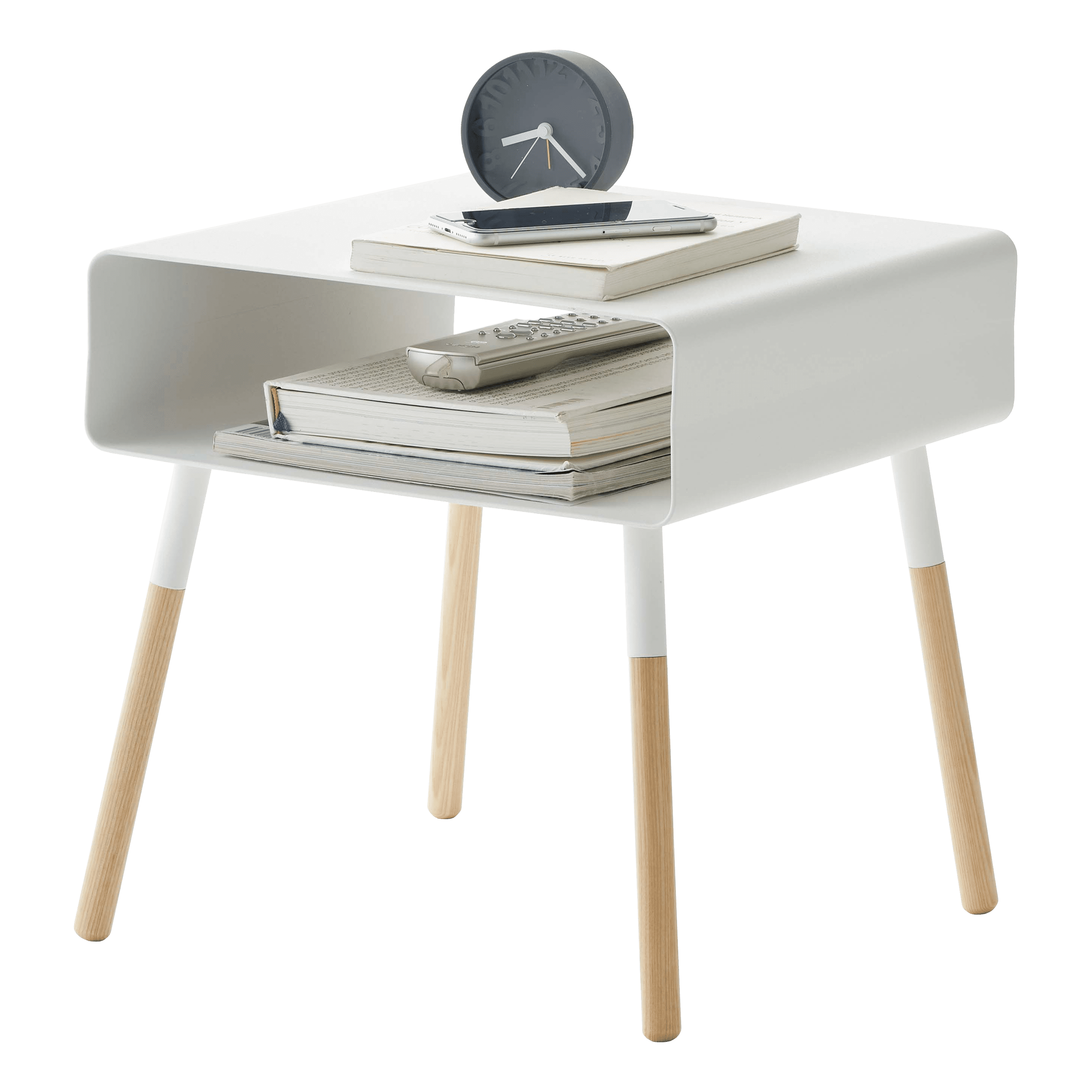 White Short Steel and Wood Side Table with Storage Shelf