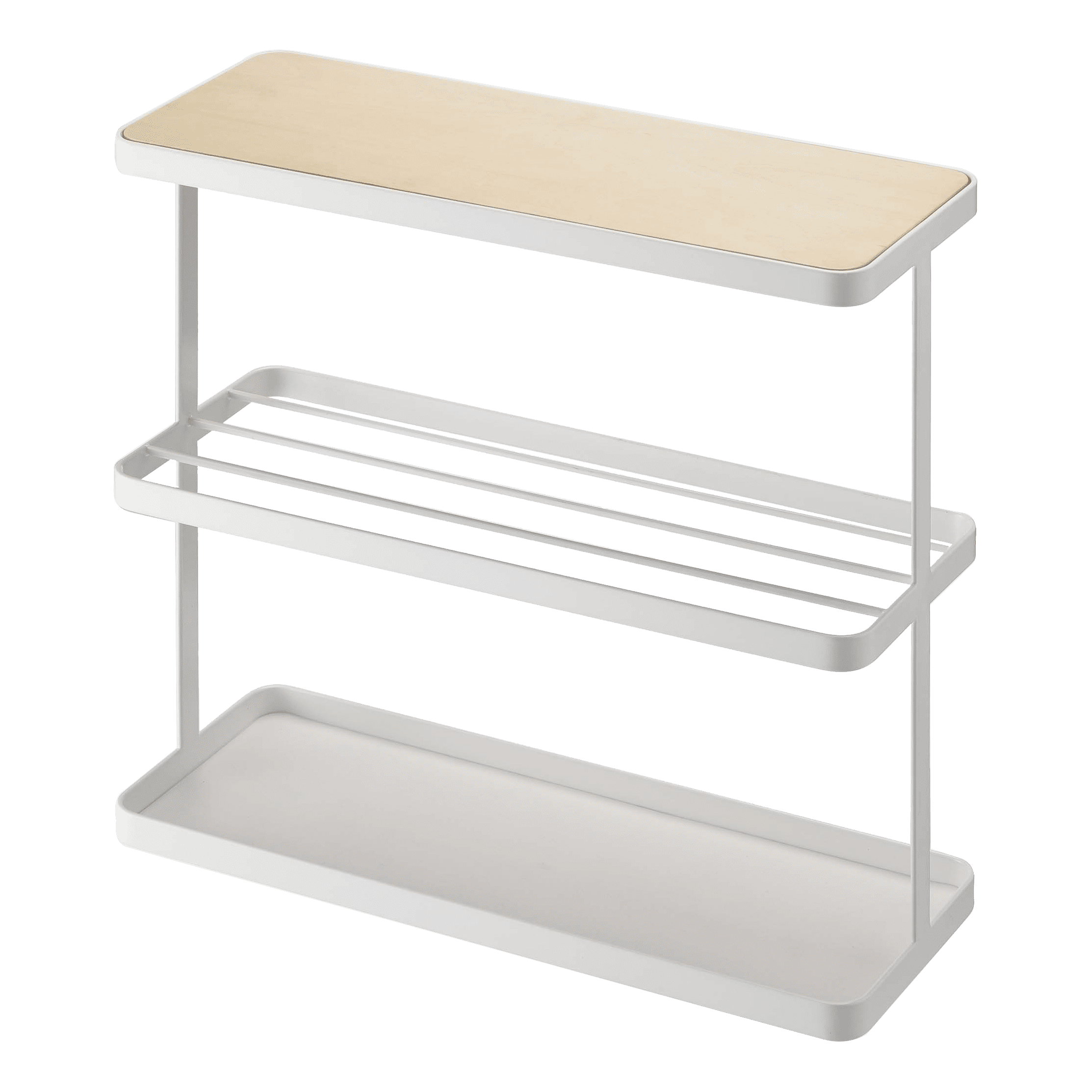 Slim White Metal and Wood Side Table with Storage Shelves