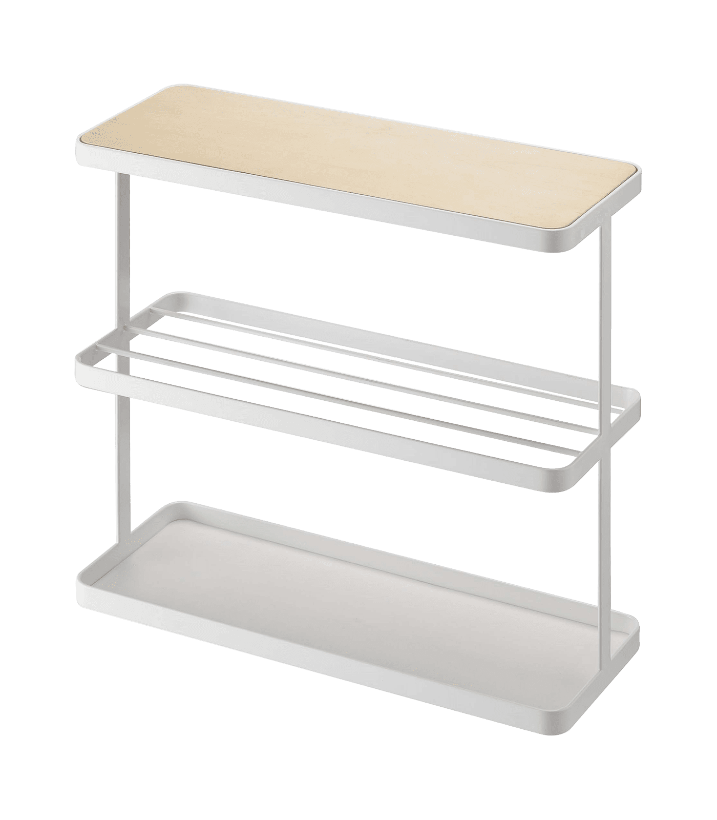 Slim White Metal and Wood Side Table with Storage Shelves