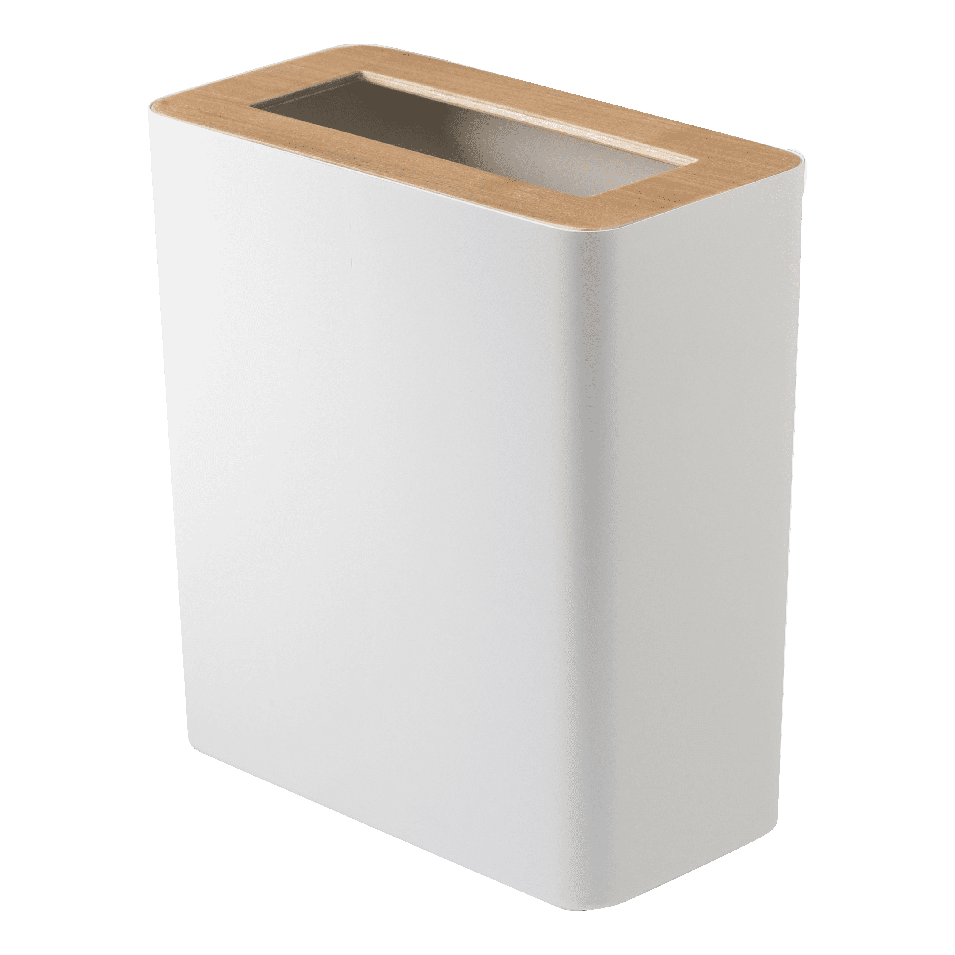 Modern White Steel & Wood Slim Rectangular Wastebasket, 2.5 Gallons