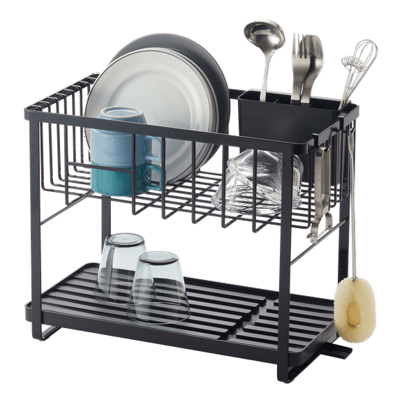 Yamazaki Home Two-Tier Dish Rack, Black, Steel, Supports 28.6 pounds, Adjustable, Draining Spout, Drain Stopper, Utensil Holder, Water Resistant, No Assembly