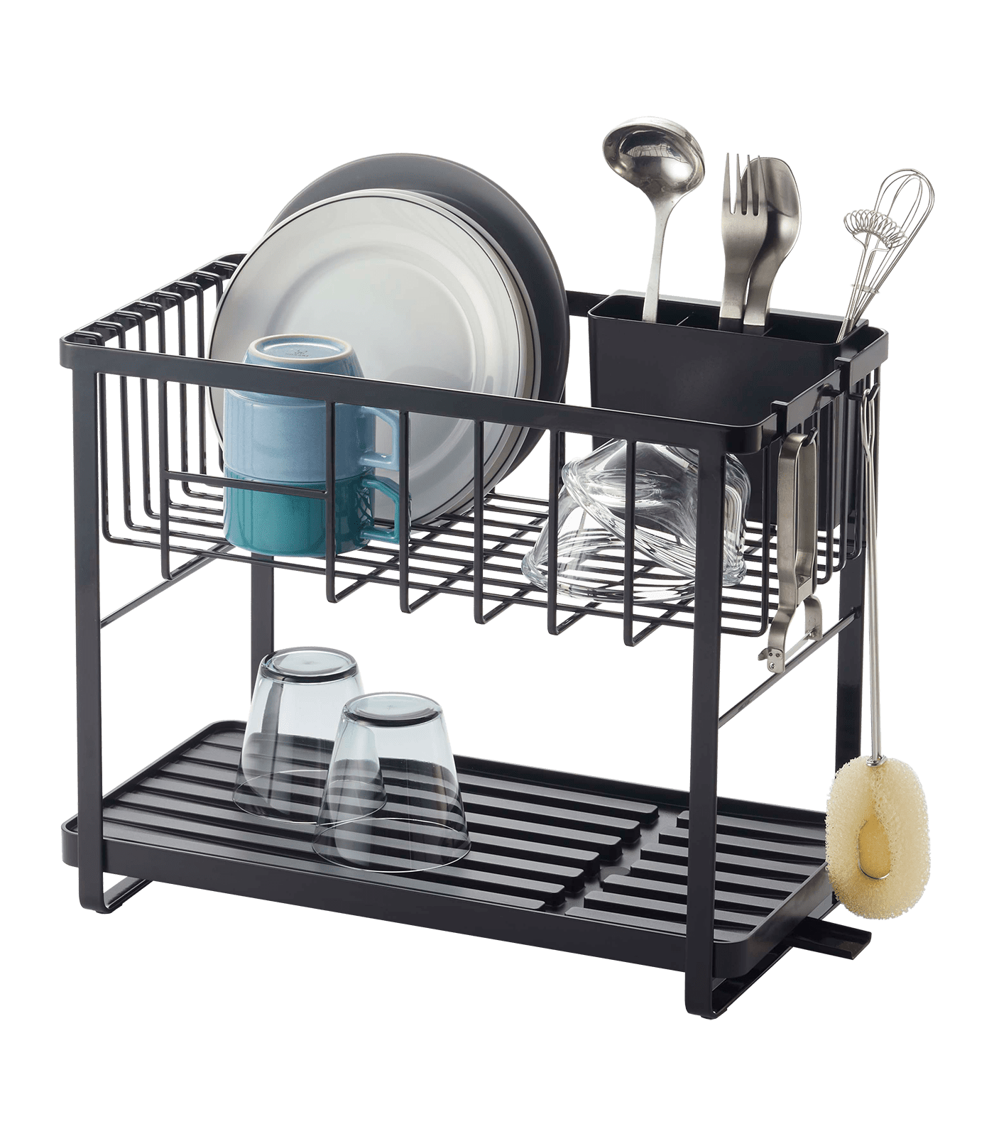 Black Two-Tier Metal Dish Rack with Utensil Holder