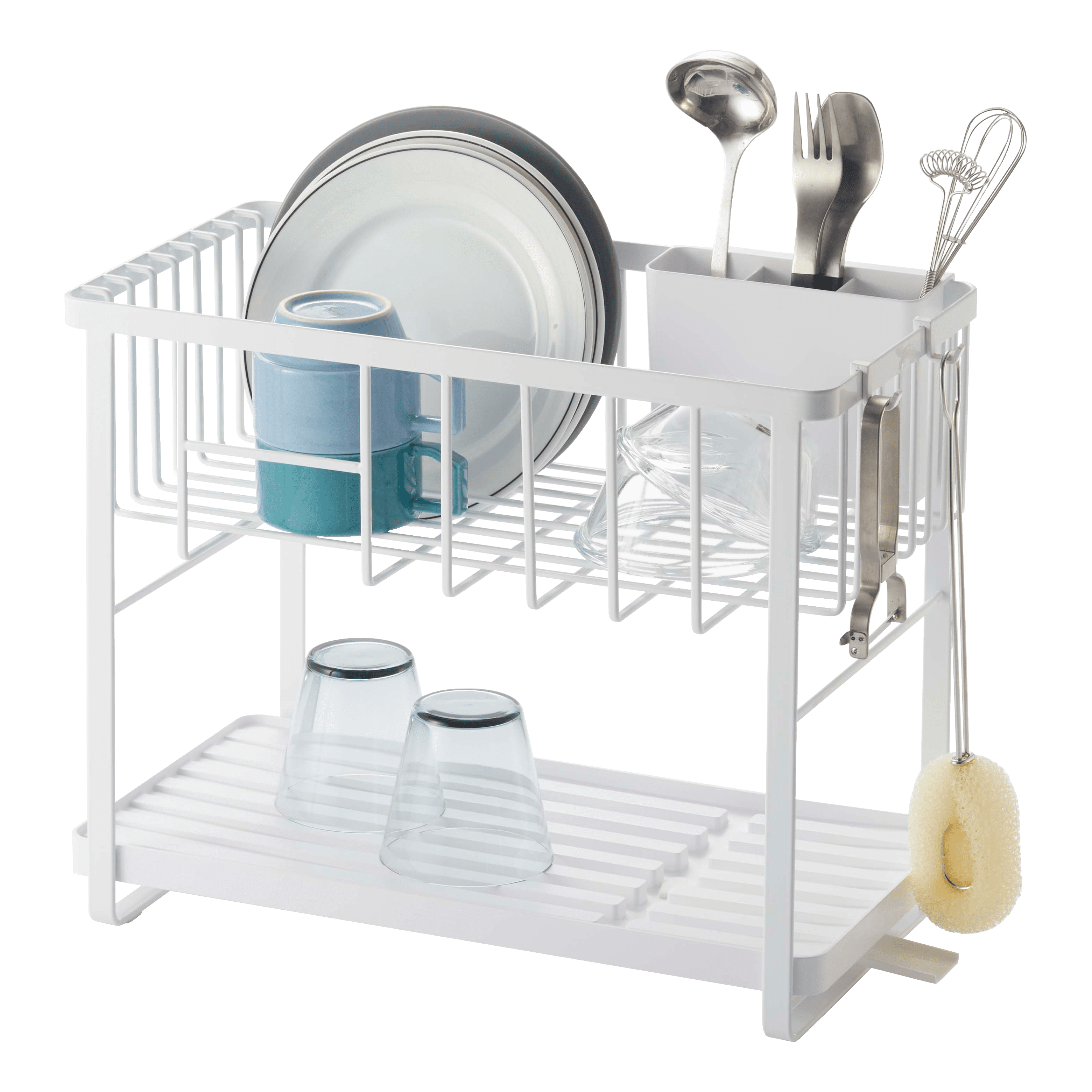 White Two-Tier Metal Dish Rack with Utensil Holder