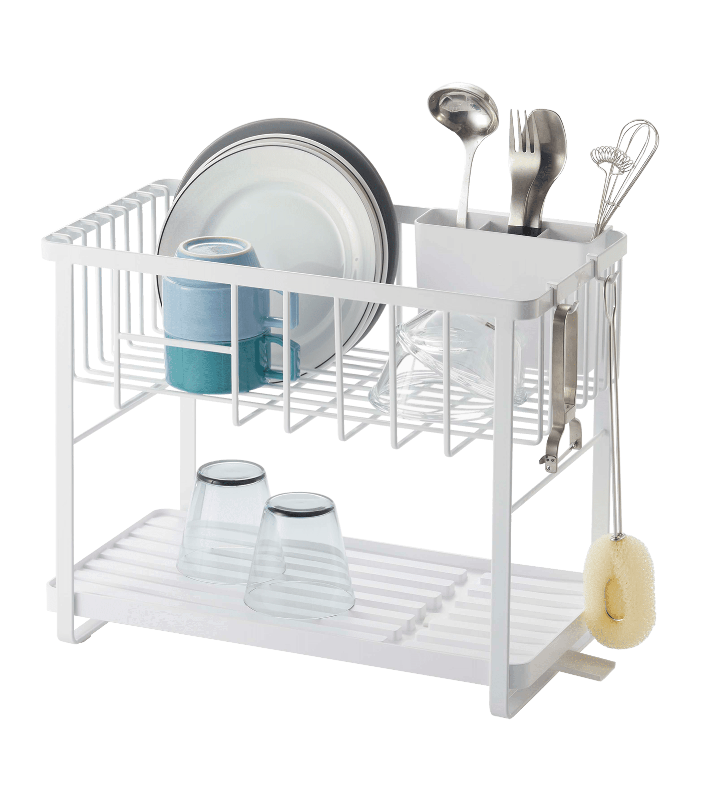 White Two-Tier Metal Dish Rack with Utensil Holder