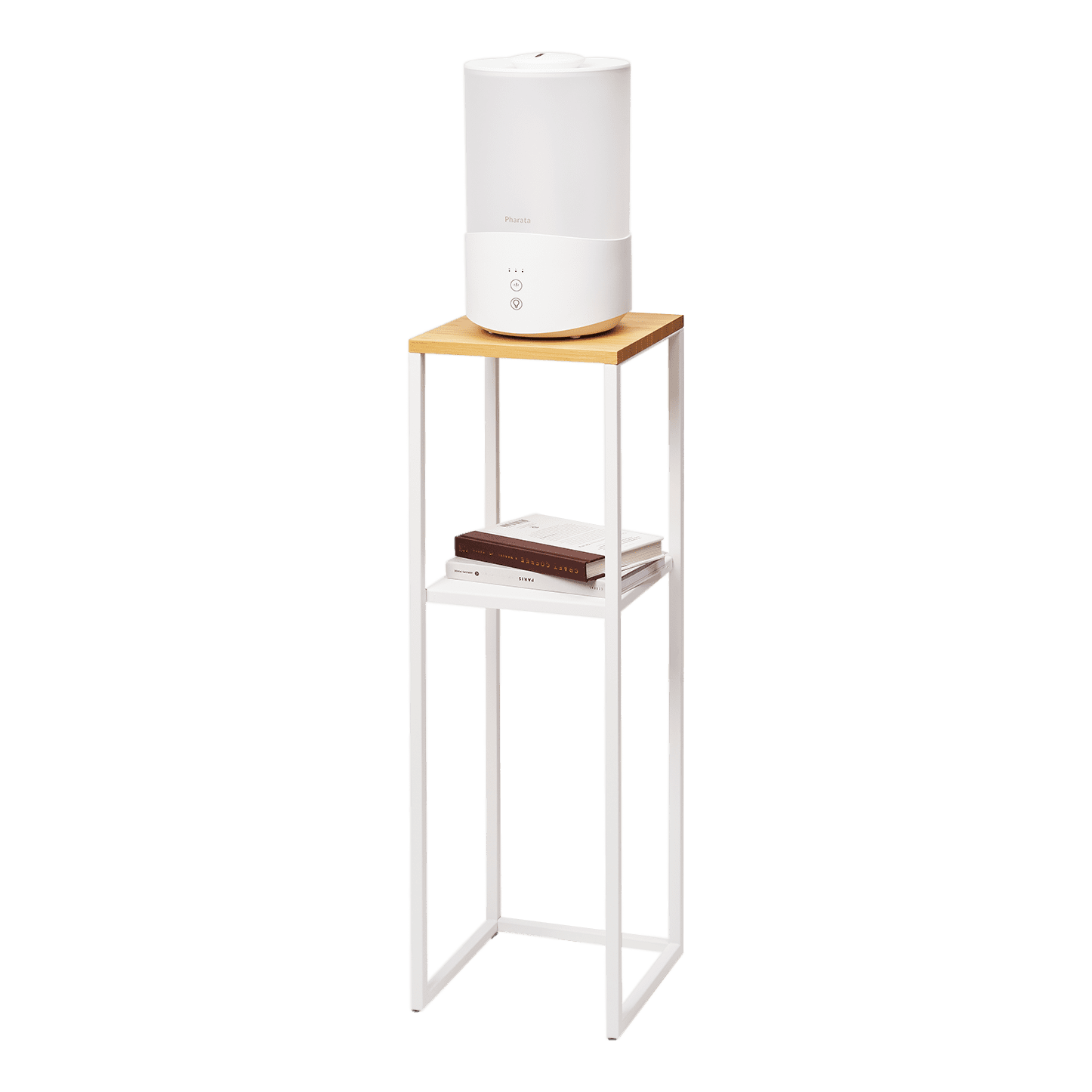White Steel and Bamboo Two-Tier Display Shelf