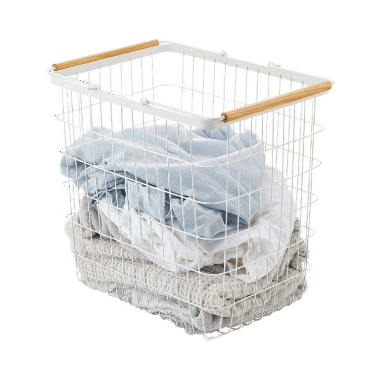 Yamazaki Home Wire Basket - Two Sizes, White, Steel + Wood, Large