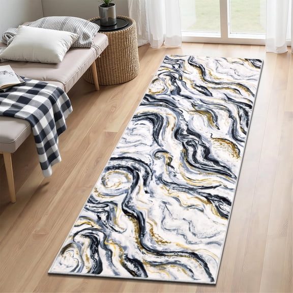 Runner Rugs for Hallway, Yamaziot 2'x6' Abstract Marble Rug, Washable Non Slip Carpet Floor Mat for Kitchen Laundry Room Bedroom, Modern Black