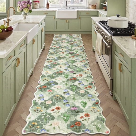 2'x10' Runner Rug for Long Hallway, Yamaziot Spring Floral Washable Long Rug Runner, Farmhouse Kitchen Mat for Floor, Non Slip Carpet, Green