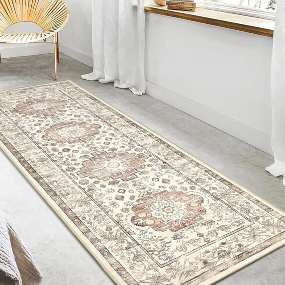 Yamaziot 2'x6' Boho Runner Rug for Hallway, Washable Laundry Room Rug, Farmhouse Kitchen Mat, Non-Shedding Beige Carpet for Bedroom, Living Room, Dining Room