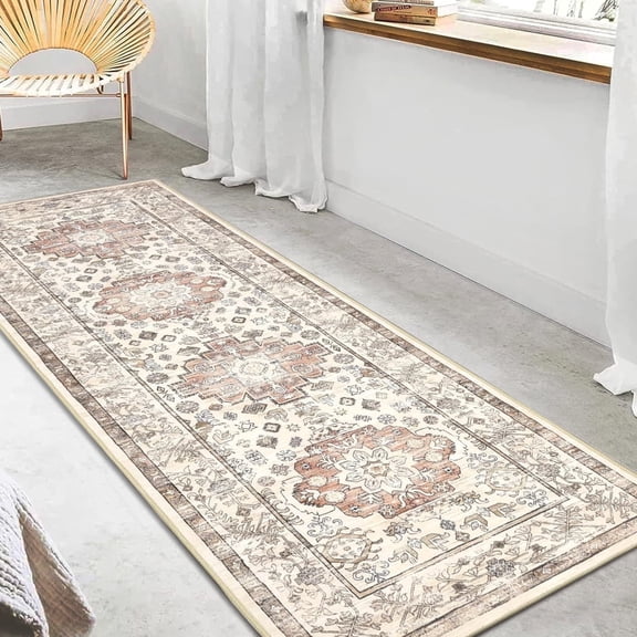 Yamaziot 2'x6' Boho Runner Rug for Hallway, Washable Laundry Room Rug, Farmhouse Kitchen Mat, Non-Shedding Beige Carpet for Bedroom, Living Room, Dining Room