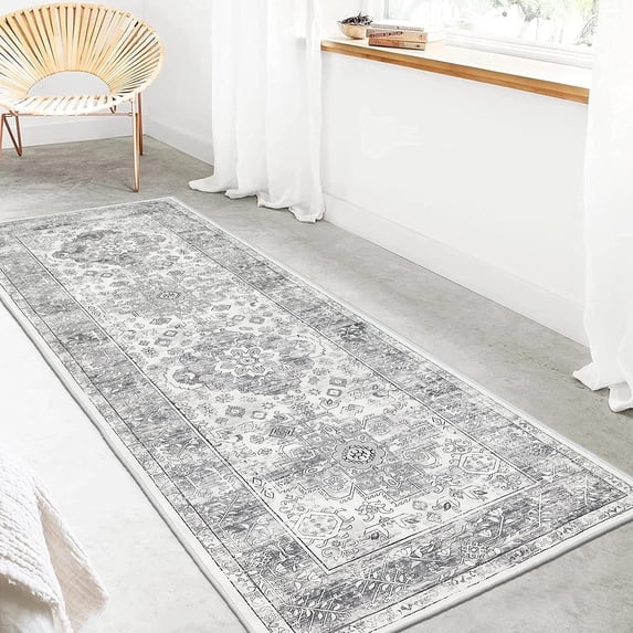 Yamaziot 2'x6' Boho Runner Rug for Hallway, Washable Laundry Room Rug, Farmhouse Kitchen Mat, Non-Shedding Gray Carpet for Bedroom, Living Room, Dining Room