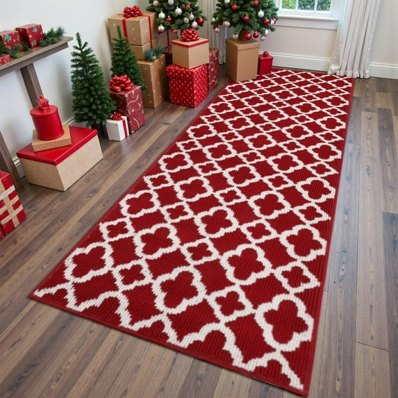 Yamaziot 2'x6' Runner Rugs for Hallway, Farmhouse Kitchen Mat for Floor, Non Slip Washable Laundry Room Mat with Rubber Backing Doormat, Christmas Red