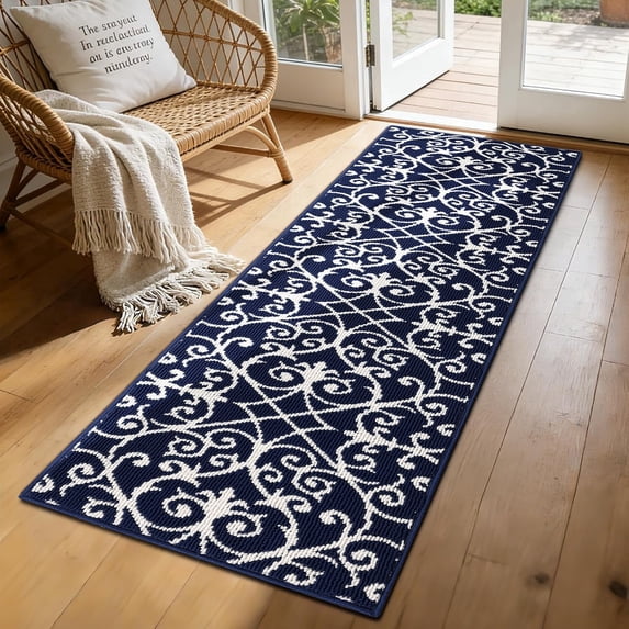 Yamaziot 20"x59" Runner Rug for Hallway, Indoor Door Mat Low Profile Farmhouse Kitchen Runner Laundry Room Rug, Washable Non Slip Entrance Floor Mat, Blue Carpet