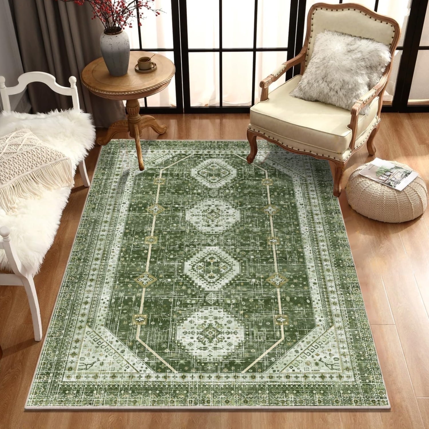 Yamaziot 3'x5' Area Rugs for Living Room, Green Vintage Washable Rug, Non Slip Modern Geometric ...