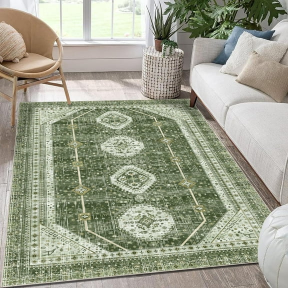 3x5 Area Rugs for Living Room, Yamaziot Washable Rug Green Carpet, Non Slip Vintage Boho Oriental Bedroom Rug, Accent Rug