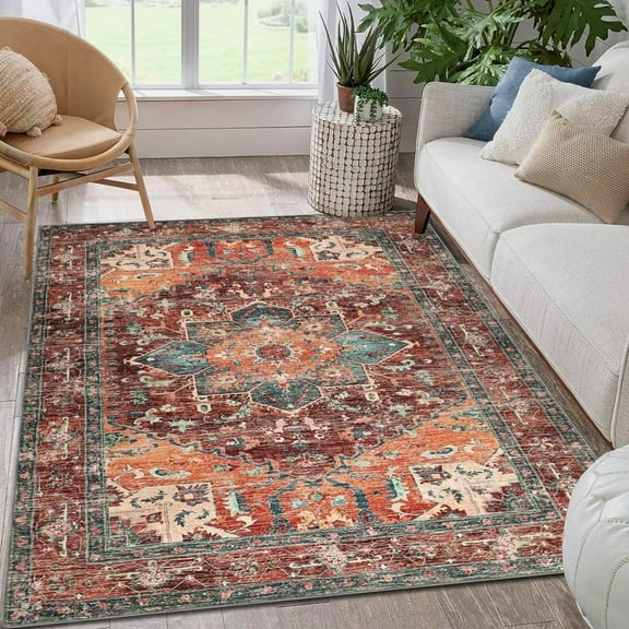 Yamaziot 3'x5' Area Rugs for Living Room, Washable Bedroom Throw Rug, Non-Slip Mat, Brown Medallion Distressed Vintage Boho Floor Carpet