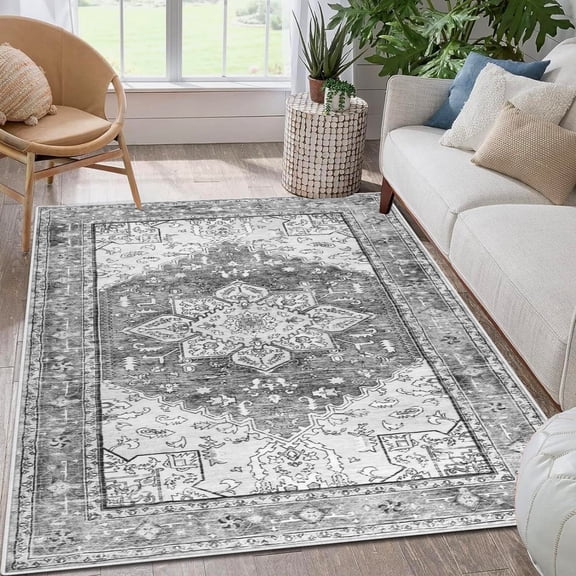 Yamaziot 3x5 Area Rugs for Living Room, Washable Boho Throw Rug with Non Slip Backing Mat, Gray Medallion Distressed Bedroom Floor Carpet
