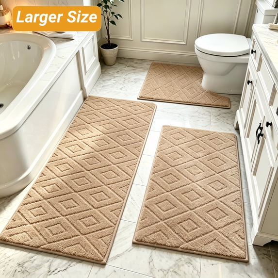 Yamaziot 3pcs Bathroom Rugs Set with U-Shaped Mat, Non Slip, Quick Drying, Ultra Soft and Water Absorbent Bath Rug Carpet Machine Washable Rug, Beige