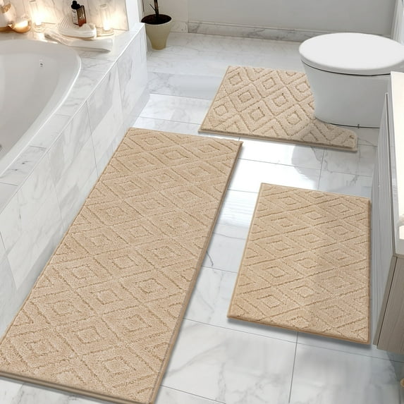 Yamaziot 3pcs Bathroom Rugs Set with U-Shaped Mat, Non Slip, Quick Drying, Ultra Soft and Water Absorbent Bath Rug Carpet Machine Washable Rug, Black