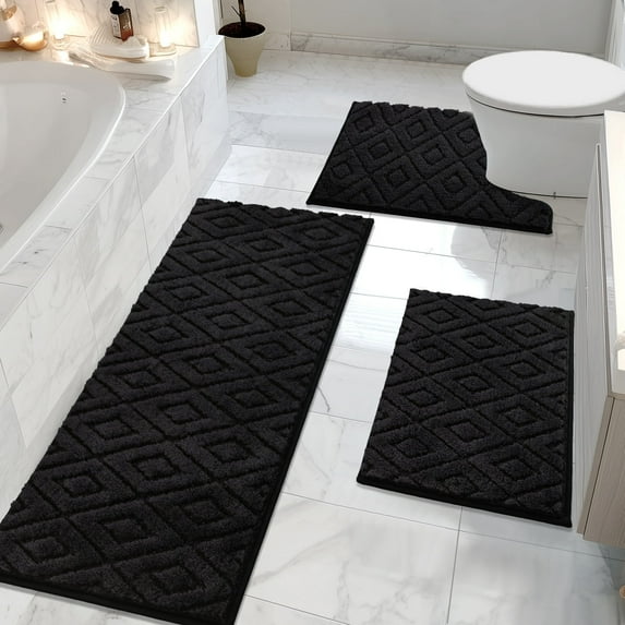 Yamaziot 3pcs Bathroom Rugs Set with U-Shaped Mat, Non Slip, Quick Drying, Ultra Soft and Water Absorbent Bath Rug Carpet Machine Washable Rug, Black