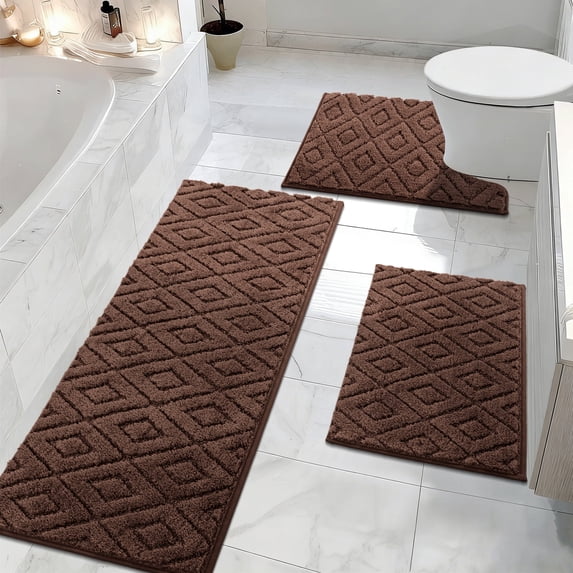 Yamaziot 3pcs Bathroom Rugs Set with U-Shaped Mat, Non Slip, Quick Drying, Ultra Soft and Water Absorbent Bath Rug Carpet Machine Washable Rug, Brown