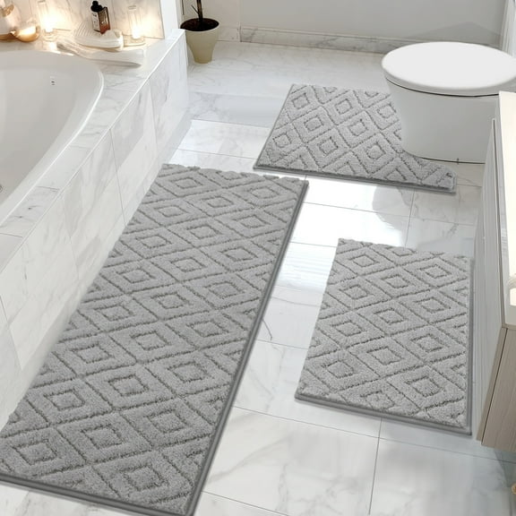 Yamaziot 3pcs Bathroom Rugs Set with U-Shaped Mat, Non Slip, Quick Drying, Ultra Soft and Water Absorbent Bath Rug Carpet Machine Washable Rug, Gray
