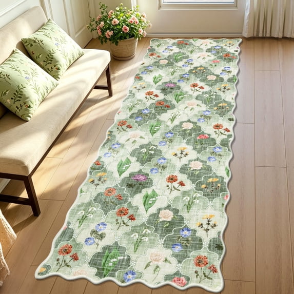 Runner Rug for Hallway, Yamaziot 2'x6' Floral Washable Rug, Farmhouse Kitchen Mat for Floor, Non Slip Carpet Bedroom Laundry Room, Spring Green