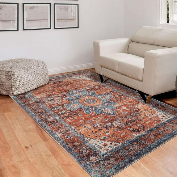 Yamaziot 4'x6' Area Rug for Living Room, Washable Rugs, Vintage Moroccan Bohemian Indoor Accent Rugs, Non Slip Bedroom Carpet, Distressed Orange