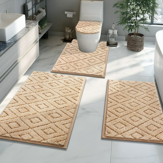Yamaziot 4pcs Bathroom Rugs Set with U-Shaped Mat, Non Slip, Quick Drying, Ultra Soft and Water Absorbent Bath Rug Carpet Machine Washable Rug, Black