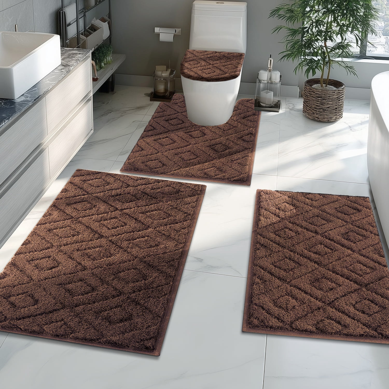 Yamaziot 4pcs Bathroom Rugs Set with U-Shaped Mat, Non Slip, Quick Drying, Ultra Soft and Water Absorbent Bath Rug Carpet Machine Washable Rug, Brown