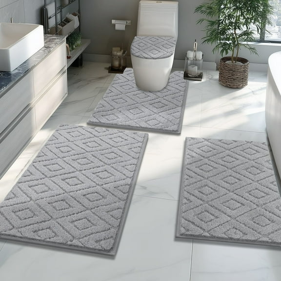 Yamaziot 4pcs Bathroom Rugs Set with U-Shaped Mat, Non Slip, Quick Drying, Ultra Soft and Water Absorbent Bath Rug Carpet Machine Washable Rug, Gray