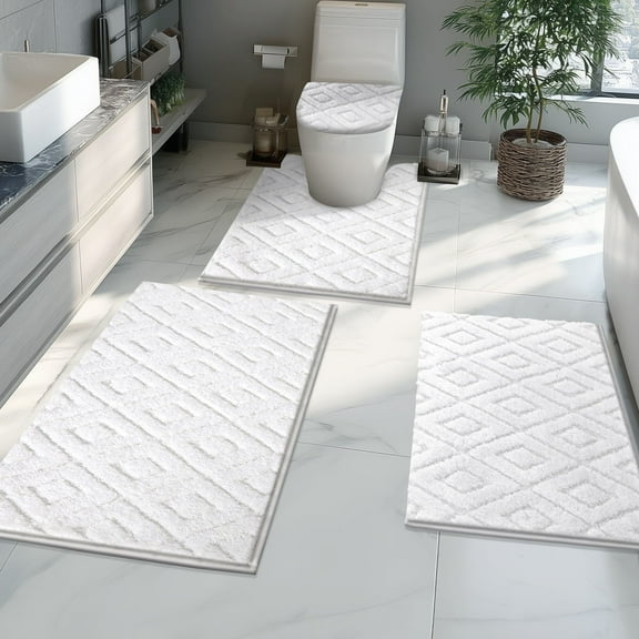 Yamaziot 4pcs Bathroom Rugs Set with U-Shaped Mat, Non Slip, Quick Drying, Ultra Soft and Water Absorbent Bath Rug Carpet Machine Washable Rug, White